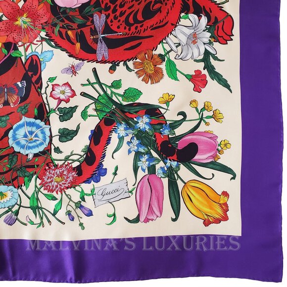 GUCCI SCARF SILK TIGER ICONIC FLORA PRINT SQUARE VIBRANT FOULARD 35" - Picture 7 of 16